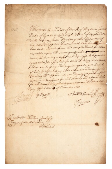 View full screen - View 1 of Lot 289. Samuel Pepys | Document signed, naval warrant addressed to William Sheldon, 1668.