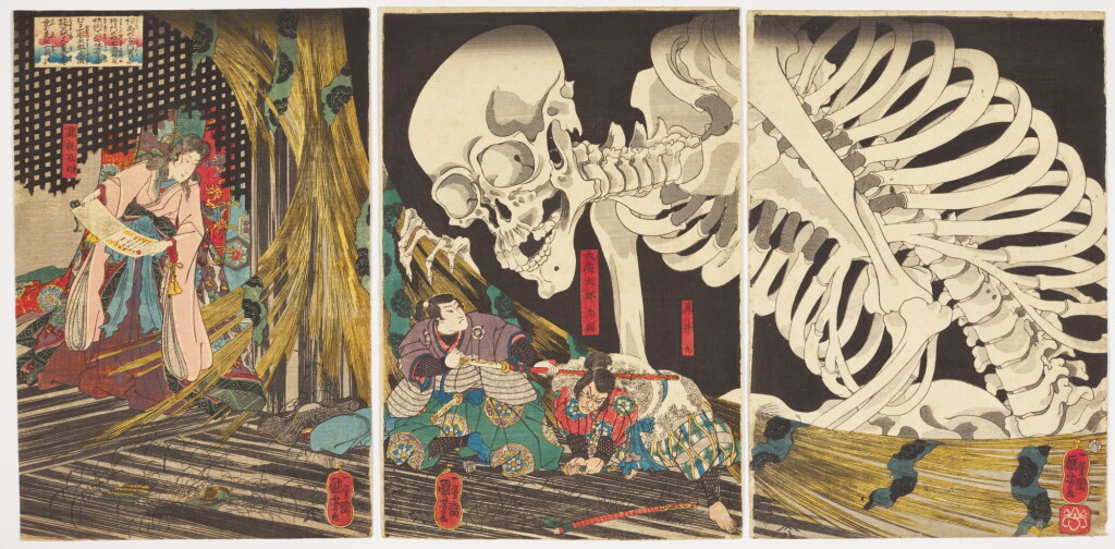 View full screen - View 1 of Lot 23. UTAGAWA KUNIYOSHI (1797–1861), EDO PERIOD, 19TH CENTURY | MITSUKUNI DEFYING THE SKELETON SPECTRE CONJURED UP BY PRINCESS TAKIYASHA (SOUMA NO FURUDAIRI YOKAI GA SHADOKURO TO TATAKAU OYA NOTAROU MITSUKUNI).