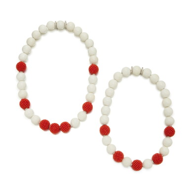 View full screen - View 1 of Lot 437. Chalcedony, Coral and Diamond Necklace.