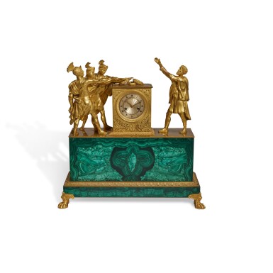 View full screen - View 1 of Lot 52. A Russian Empire Style Gilt-Bronze and Malachite Veneer Mantel Clock, 19th Century.