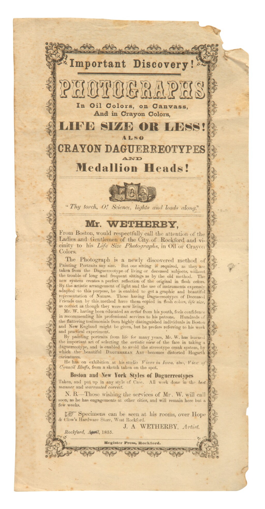 View full screen - View 1 of Lot 78. (PHOTOGRAPHY) | Important Discovery! Photographs in Oil Colors, on Canvass, and in Crayon Colors, Life Size or Less! … J. Wetherby, Artist. Rockford: Register Press, 1855..