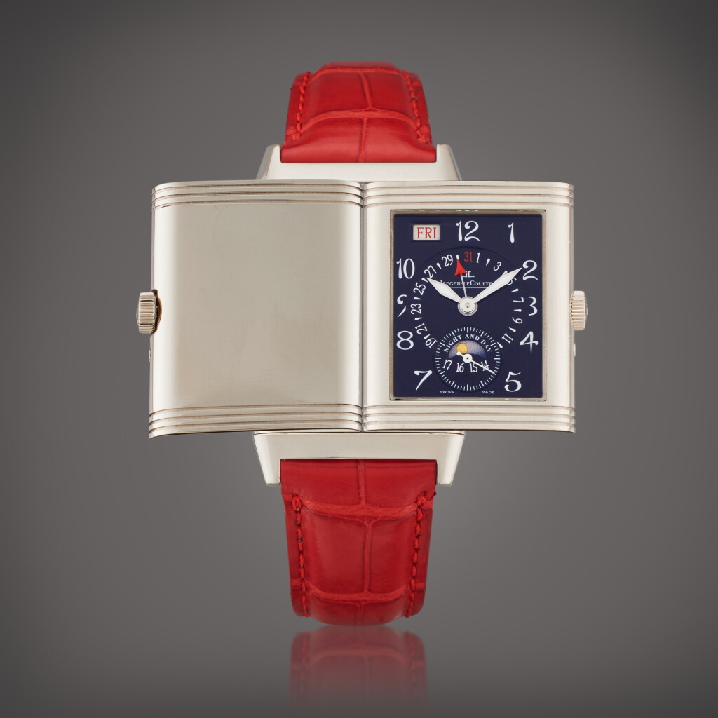 View full screen - View 1 of Lot 307. Reference 270.3.36 Reverso | A white gold rectangular wristwatch with day, date, and day/night indication, Circa 2005.