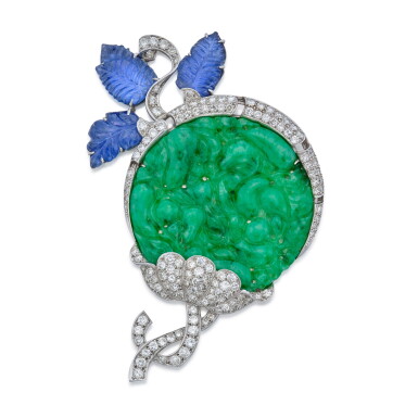 View full screen - View 1 of Lot 299. Jade, Sapphire and Diamond Clip.