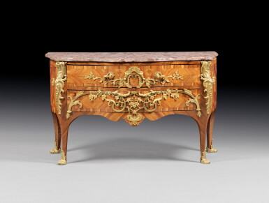 View full screen - View 1 of Lot 46. A parquetry commode attributed to Charles Cressent, Régence, circa 1745, the mounts later | Commode "à tiges de lierre entortillées" en marqueterie d'époque Régence, vers 1745, attribuée à Charles Cressent, les bronzes dorés postérieurs.