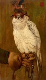 FRENCH SCHOOL, LATE 19TH CENTURY | PORTRAIT OF A HOODED GYRFALCON, PERCHED ON A GLOVED HAND