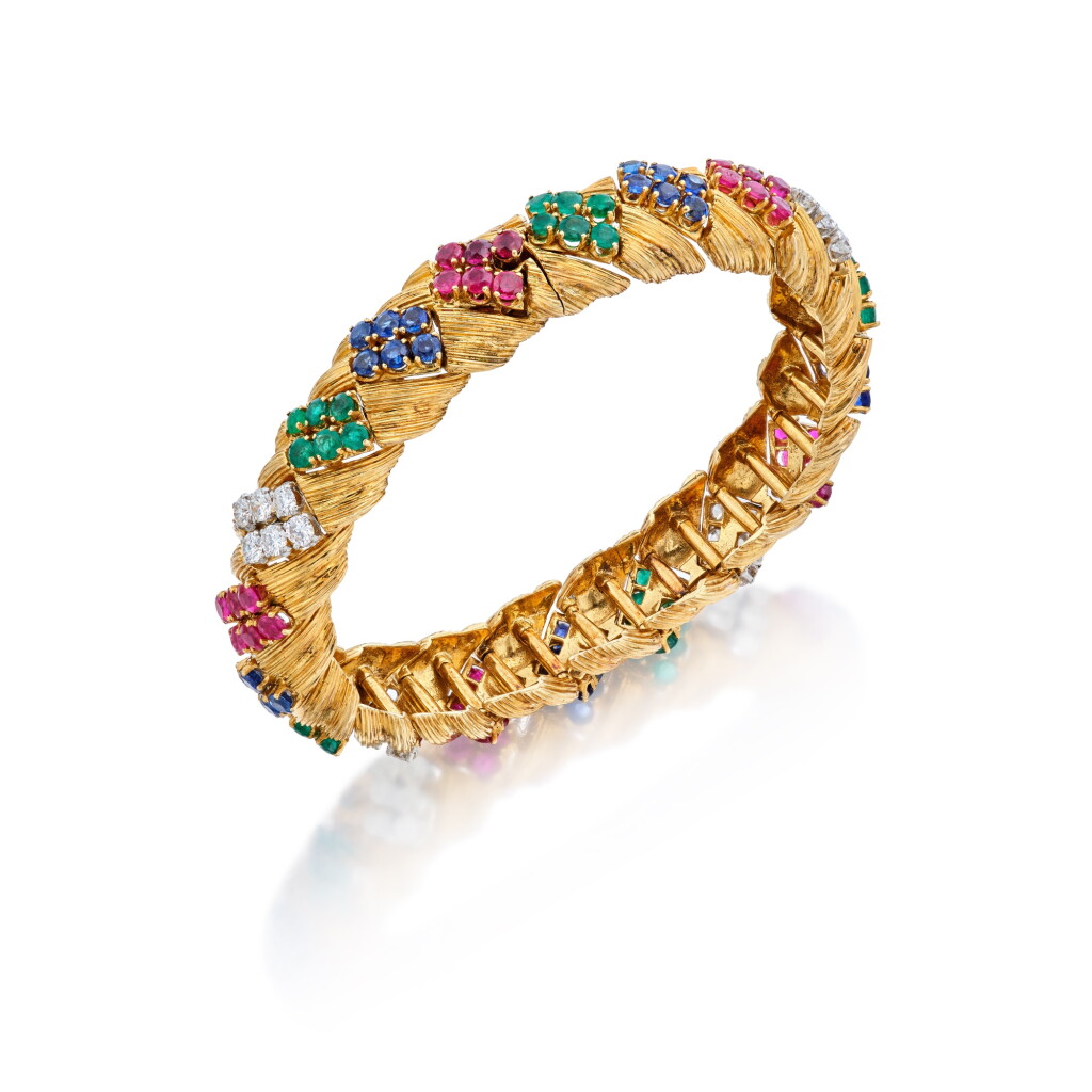 View full screen - View 1 of Lot 136. Gold, Colored Stone and Diamond Bracelet, France.