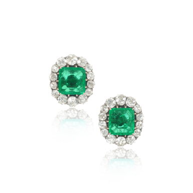 View full screen - View 1 of Lot 771. Pair of emerald and diamond earrings, circa 1900 and later.