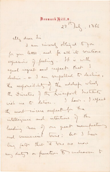 View full screen - View 1 of Lot 116. John Ruskin | Autograph letter signed, to the Liverpool Institute, decrying industry and commerce.