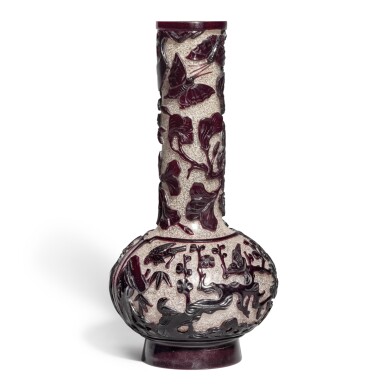 View full screen - View 1 of Lot 690. A ruby-red overlay snowflake glass 'bird and flower' vase Mark and period of Qianlong.