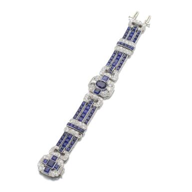 View full screen - View 1 of Lot 173. SAPPHIRE AND DIAMOND BRACELET, LAMBERT BROTHERS, 1930S.