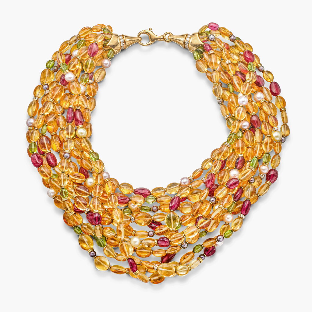 View full screen - View 1 of Lot 1607. Coloured Stone, Cultured Pearl and Diamond Necklace | 寶格麗 | 寶石 配 養殖珍珠 及 鑽石 項鏈 .