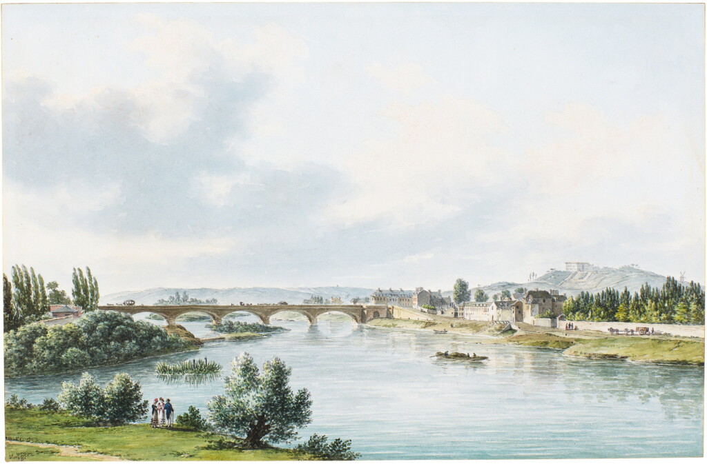 View full screen - View 1 of Lot 57. FÉLIX MARIE FERDINAND STORELLI | VIEW OF THE BRIDGE OVER THE SEINE AT NEUILLY, TAKEN FROM THE THE GARDENS OF THE DUC D'ORLÉANS.