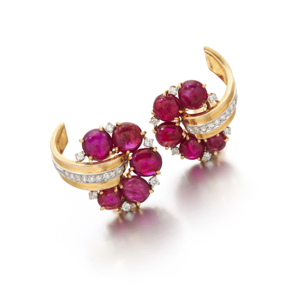 View full screen - View 1 of Lot 59. Trabert & Hoeffer Mauboussin, Pair of ruby and diamond earrings (Trabert & Hoeffer Mauboussin, Paio di orecchini in rubini e diamanti).