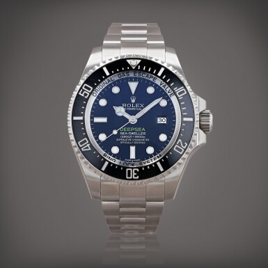 View full screen - View 1 of Lot 403. Sea-Dweller Deepsea 'Blue James Cameron' stickered, reference 116660 Montre bracelet en acier avec valve d'échappement à hélium et date | Stainless steel wristwatch with helium escape valve, date and bracelet Vers 2015 | Circa 2015.