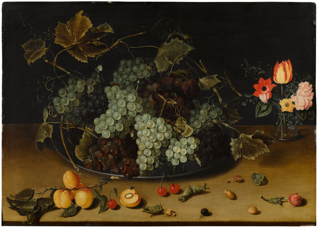 View full screen - View 1 of Lot 207. Still life with grapes on a pewter dish, a vase of flowers and other fruits.
