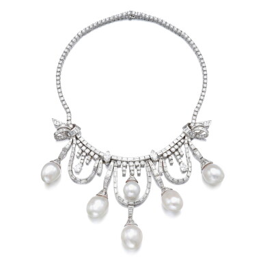 View full screen - View 1 of Lot 947. Cultured pearl and diamond necklace, 1950s.