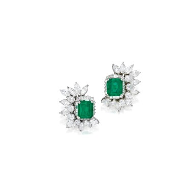View full screen - View 1 of Lot 550. PAIR OF EMERALD AND DIAMOND EARCLIPS | 祖母綠配鑽石耳環一對.