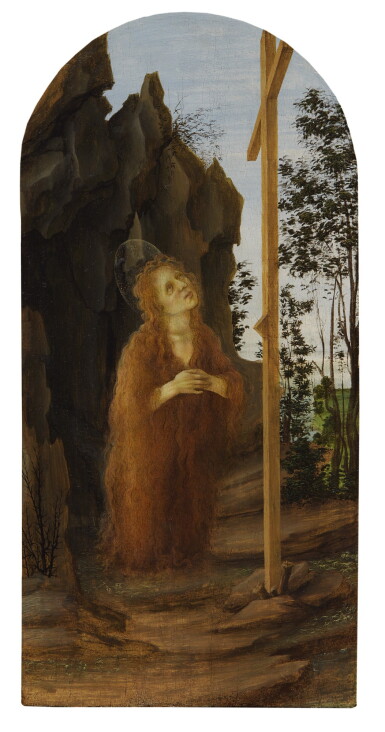 View full screen - View 1 of Lot 125. Penitent Mary Magdalene adoring the True Cross in a rocky landscape.