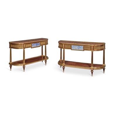 View full screen - View of A Matched Pair of Gilt-Bronze Mounted Mahogany, Thuya and Ebony-Inlaid Console Dessertes in the manner of Weisweiler, Probably First Half 19th Century.