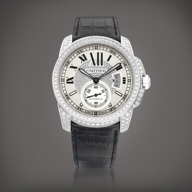 View full screen - View 1 of Lot 8781. Calibre de Cartier, Reference 3301 | A white gold and diamond-set wristwatch with date, Circa 2011 | 卡地亞 | Calibre de Cartier 型號3301 | 白金鑲鑽石腕錶,備日期顯示,約2011年製.