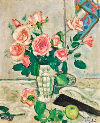 View full screen - View 1 of Lot 43. GEORGE LESLIE HUNTER | PINK ROSES (RECTO); STILL LIFE OF ROSES IN A BLUE VASE (VERSO).