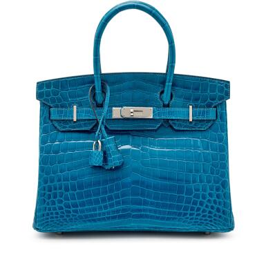 View full screen - View 1 of Lot 126. Bleu Izmir Shiny Niloticus Crocodile Birkin 30 Palladium Hardware, 2015.