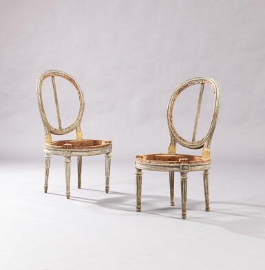 View full screen - View 1 of Lot 182. A pair of Louis XVI lacquered wood chairs, circa 1780, stamped by Georges Jacob | Paire de chaises en bois laqué d'époque Louis XVI, vers 1780, estampille de Georges Jacob.