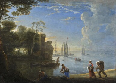 View full screen - View 1 of Lot 112. ATTRIBUTED TO HERMAN VAN SWANEVELT | Italianate coastal scene with figures on the bank.