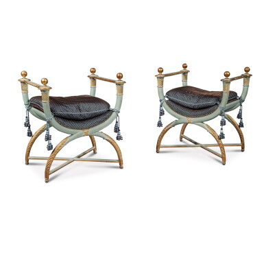 View full screen - View 1 of Lot 1067. WINDSOR: A Pair of Empire Style Parcel-Gilt and Blue-Painted Curule Form Stools, Probably by Maison Jansen.