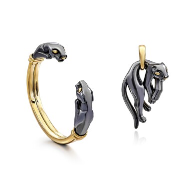 View full screen - View 1 of Lot 2752. 'Panthère' Gold and Silverium Bangle and Pendant |卡地亞 | 'Panthère' K金 及 銀 手鐲 及 掛墜.