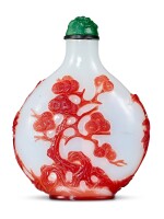 A red overlay white glass 'Three Friends of Winter' snuff bottle Qing dynasty, 18th century | 清十八世紀 白地套寶石紅料歲寒三友圖鼻煙壺