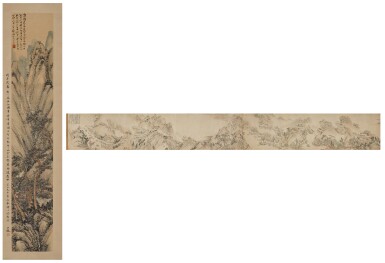 View full screen - View 1 of Lot 22. Two landscape paintings | 姚華(款)《蒼松翠谷》設色紙本 立軸 及 黄公望(款)《俯瞰秋巒》設色紙本 卷軸 一組兩幅.