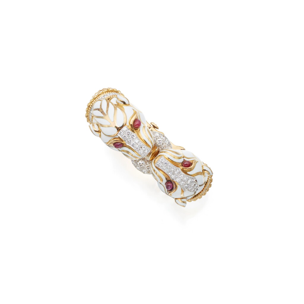 View full screen - View 1 of Lot 98. David Webb | Gold, Enamel, Ruby and Diamond Bracelet.