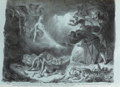 View full screen - View 1 of Lot 25. Faust. Paris, 1828. Première traduction française. Illustrée de 17 lithographies tirées sur papier de couleurs. .