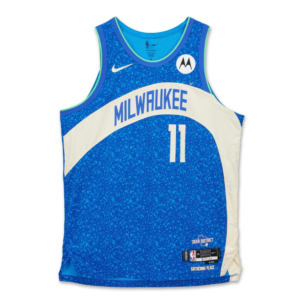 View full screen - View 1 of Lot 55. Brook Lopez Milwaukee Bucks 2023-2024 Game Worn City Edition Jersey .