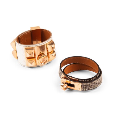 View full screen - View 1 of Lot 431. Set of Two : White Matte Niloticus Crocodile Himalaya Collier de Chien Médor Bracelet Rose Gold Hardware, 2024 and Ombré Salvator Lizard Mini Kelly Double Tour Bracelet Rose Gold Hardware, 2024.