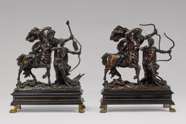 View full screen - View 1 of Lot 101. Pair of groups with the Education of Achilles by the Centaur Chiron | Paar Figurengruppen aus Bronze in der Darstellung der Erziehung des Achilles vom Zentaur Chiron.