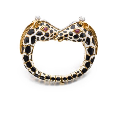 View full screen - View 1 of Lot 871. Enamel, ruby and diamond bangle.