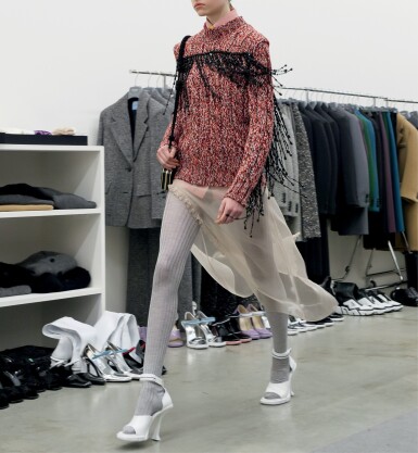 View full screen - View 1 of Lot 26. PRADA | BEADED FRINGE WOOL SWEATER, POPLIN SHIRT, SILK ORGANZA SKIRT, POPLIN TIE .