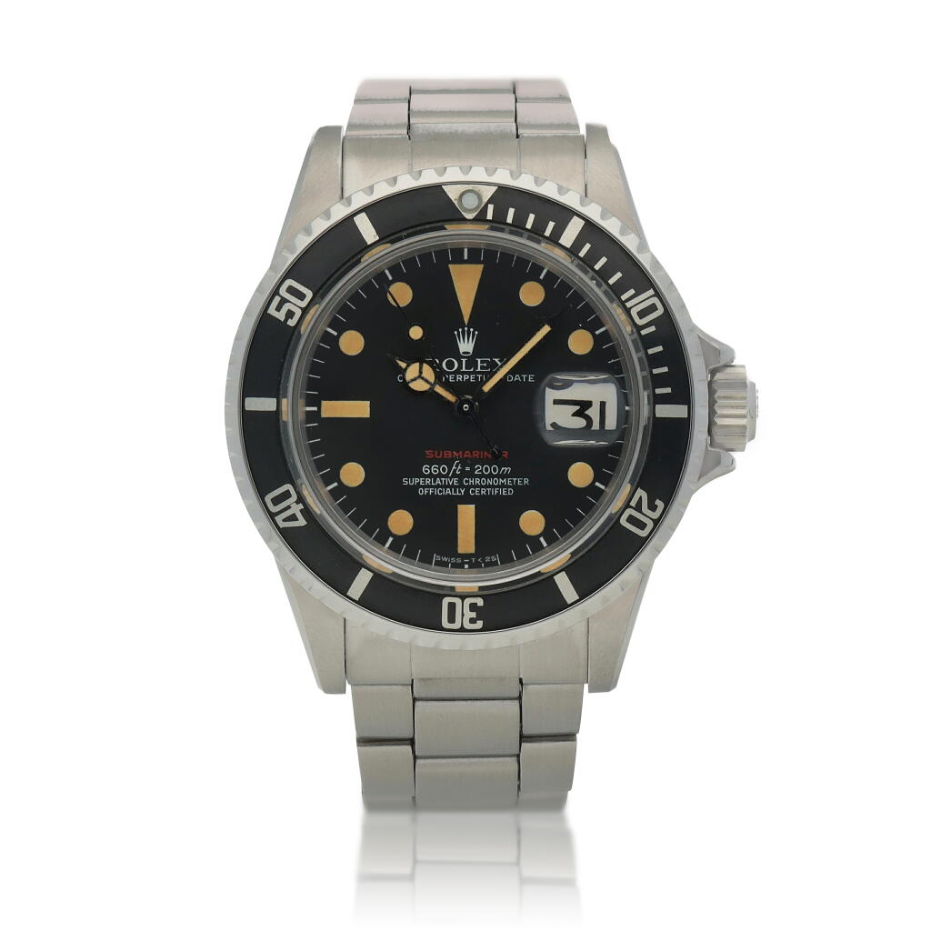 View full screen - View 1 of Lot 109. 'Single Red' Submariner, Ref. 1680 Stainless steel wristwatch with date and bracelet Circa 1972.