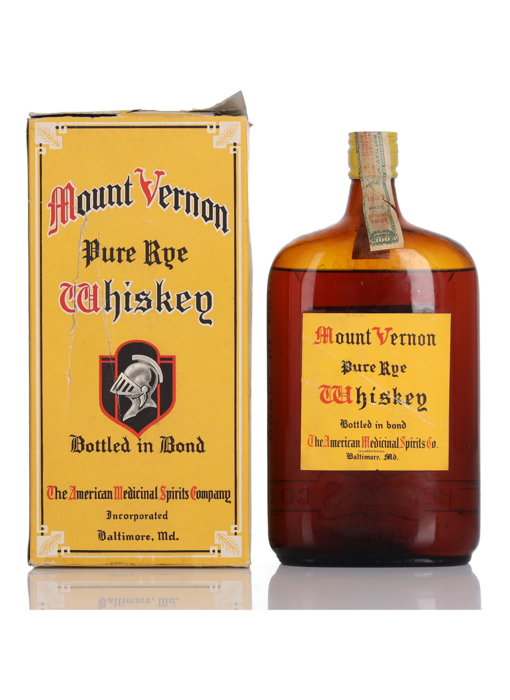 View full screen - View 1 of Lot 236. Mount Vernon Pure Rye Whiskey 100 Proof 1921 (1 Bottle Quart).