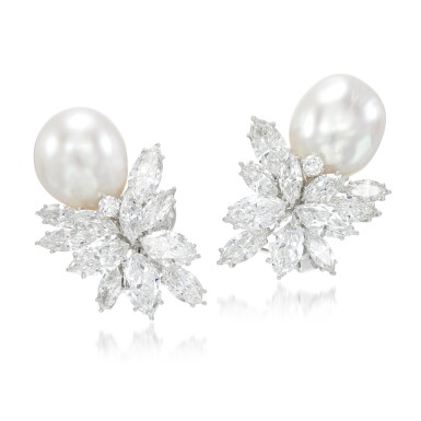 View full screen - View 1 of Lot 29. Pair of cultured pearl and diamond ear clips.
