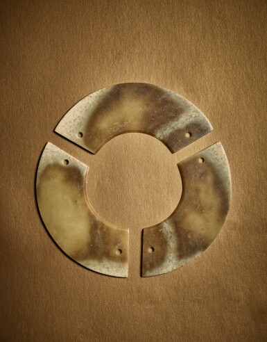View full screen - View 1 of Lot 82. Three archaic jade arc-shaped pendants, Neolithic period, Qijia culture .