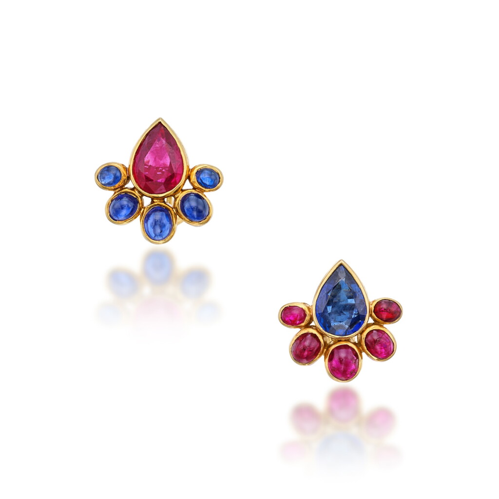 View full screen - View 1 of Lot 53. Pair of Ruby and Sapphire Earclips, France.