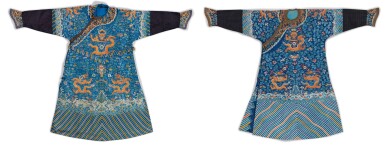 View full screen - View 1 of Lot 580. Two blue-ground silk embroidered 'dragon' robes, Late Qing dynasty.