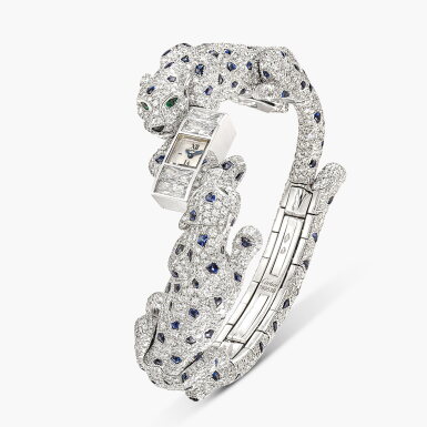 View full screen - View 1 of Lot 1657. Diamond, Sapphire, Emerald and Onyx ‘Baby Panthère Riviera’ Wristwatch | 卡地亞 | 鑽石 配 藍寶石 配 祖母綠 及 縞瑪瑙 ‘Baby Panthère Riviera’ 腕錶 .