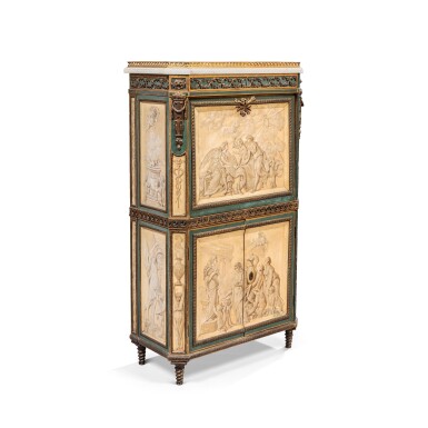 View full screen - View 1 of Lot 429. A Louis XVI style gilt-bronze mounted painted wood, “en grisaille” varnish and tulipwood veneered secretaire à abattant, late 19th century, after a model by René Dubois.