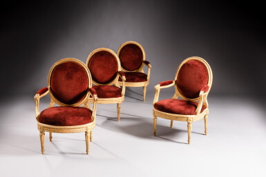 View full screen - View 1 of Lot 320. A set of four Louis XVI giltwood armchairs à châssis, attributed to Nicolas Parmentier, circa 1790 | Suite de quatre fauteuils à châssis en noyer doré d'époque Louis XVI, attribués à Nicolas Parmentier, vers 1790.