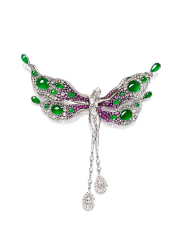 View full screen - View 1 of Lot 1621. JADEITE, GEM SET AND DIAMOND BROOCH | 天然翡翠 配 寶石 及 鑽石 胸針.