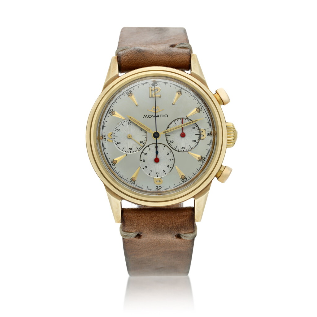 View full screen - View 1 of Lot 122. A yellow gold chronograph wristwatch, Circa 1950 .